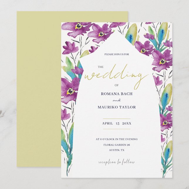 Invitation Boho Violet Turquoise Fleur sauvage Aquarelle Art (Devant / Derrière)