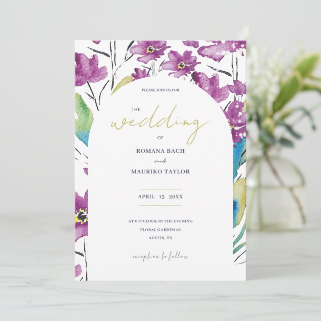 Invitation Boho Violet Turquoise Fleur sauvage Aquarelle Art (Debout devant)