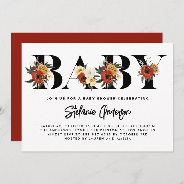 Invitation Boho Watercolor Anemone Botanique Baby shower d'au (Devant / Derrière)