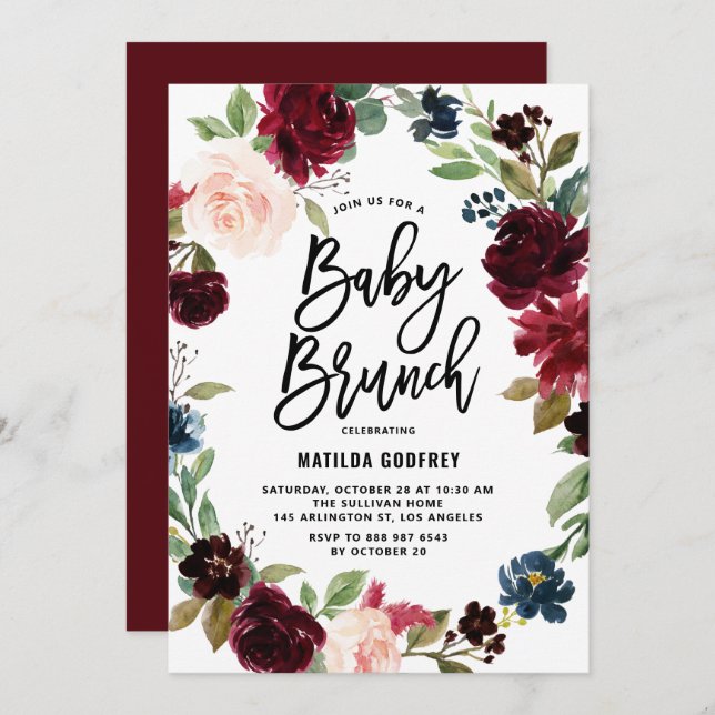 Invitation Boho Watercolor Automne Wreath Baby shower Brunch (Devant / Derrière)