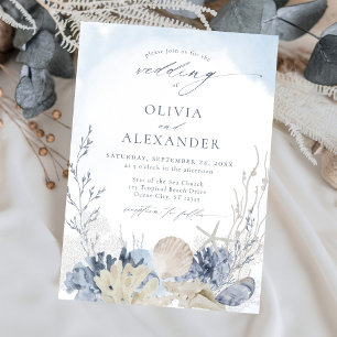 Invitation Boho Watercolor Beach Elegant Mariage bleu