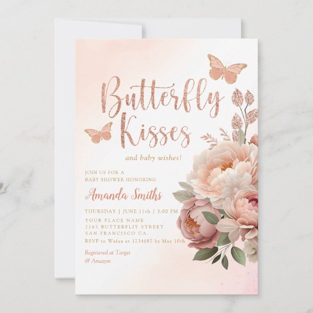 Invitation Boho Watercolor Butterfly Kisses Girl Baby shower (Devant)