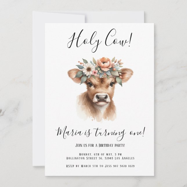 Invitation Boho Watercolor Cow Anniversaire de enfant Party (Devant)