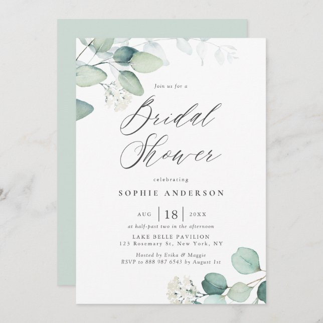 Invitation Boho Watercolor Eucalyptus Feuilles Fête des marié (Devant / Derrière)