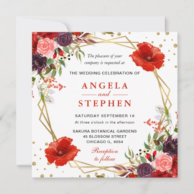 Invitation Boho Watercolor Fall Flowers Gold Frame Mariage (Devant)
