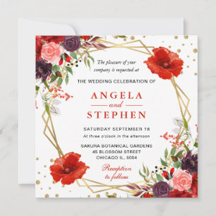 Invitation Boho Watercolor Fall Flowers Gold Frame Mariage