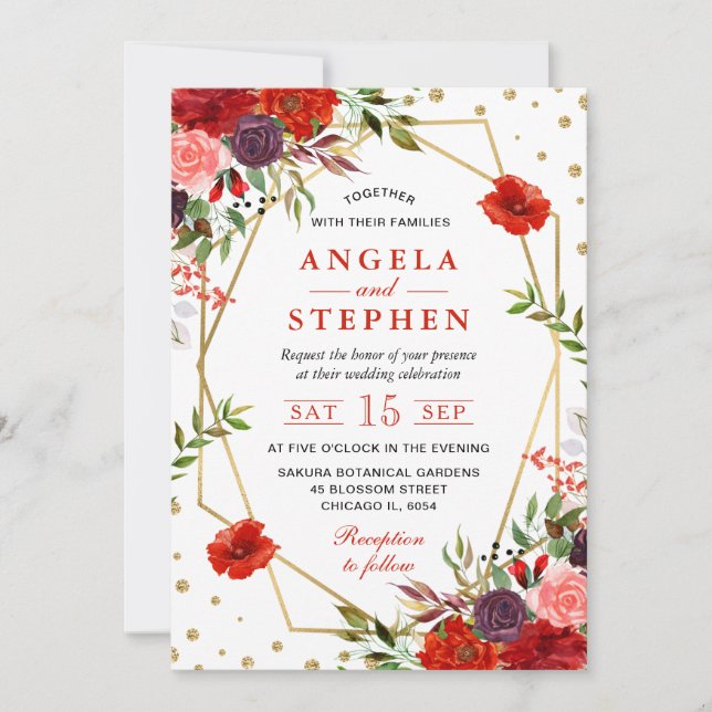 Invitation Boho Watercolor Fall Flowers Gold Frame Mariage (Devant)