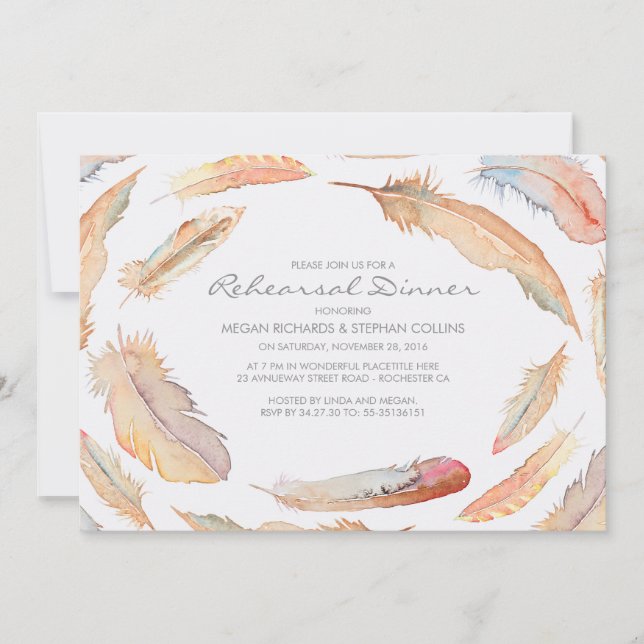 Invitation boho watercolor feathers dîner de répétition triba (Devant)