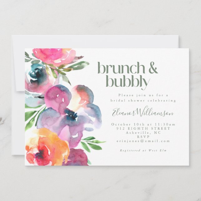 Invitation Boho Watercolor Fête des mariées Fleur Brunch Bubb (Devant)