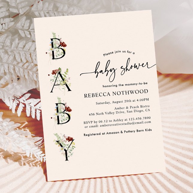 Invitation Boho Watercolor Fleur sauvage Baby shower rose pâl (Créateur téléchargé)