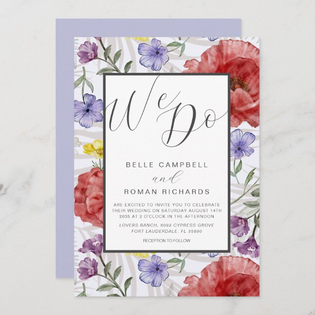 Invitation Boho Watercolor Fleur sauvage violet Mariage (Devant / Derrière)