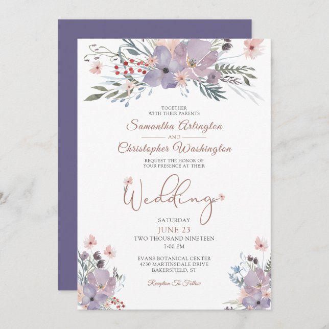 Invitation Boho Watercolor Fleur sauvage violet Mariage (Devant / Derrière)