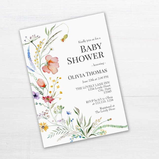 Invitation Boho Watercolor Fleurs sauvages Baby shower Invita (Boho Watercolor Wildflowers Baby Shower Invitation on white table)