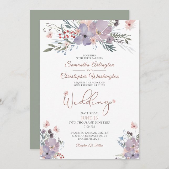 Invitation Boho Watercolor Fleurs sauvages violet vert Mariag (Devant / Derrière)