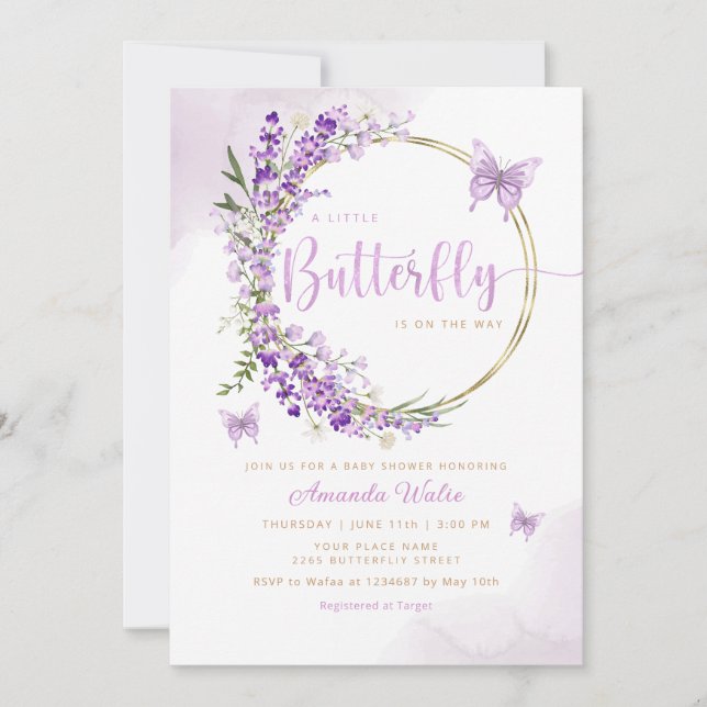 Invitation Boho Watercolor Floral Butterfly Girl Baby shower (Devant)