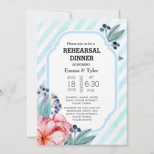 Invitation Boho Watercolor Floral Feathal Dîner de répétition (Devant)