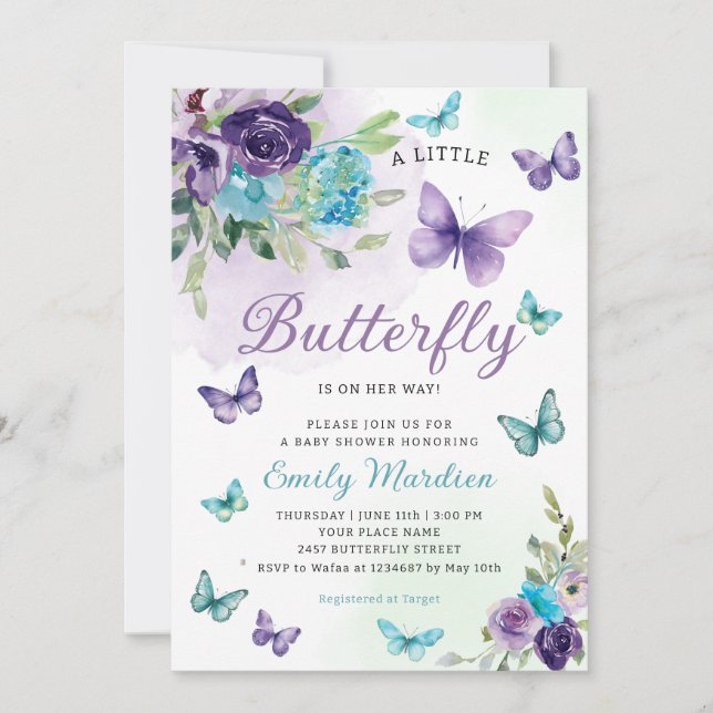 Invitation Boho Watercolor Floral Girl Baby shower papillon (Devant)