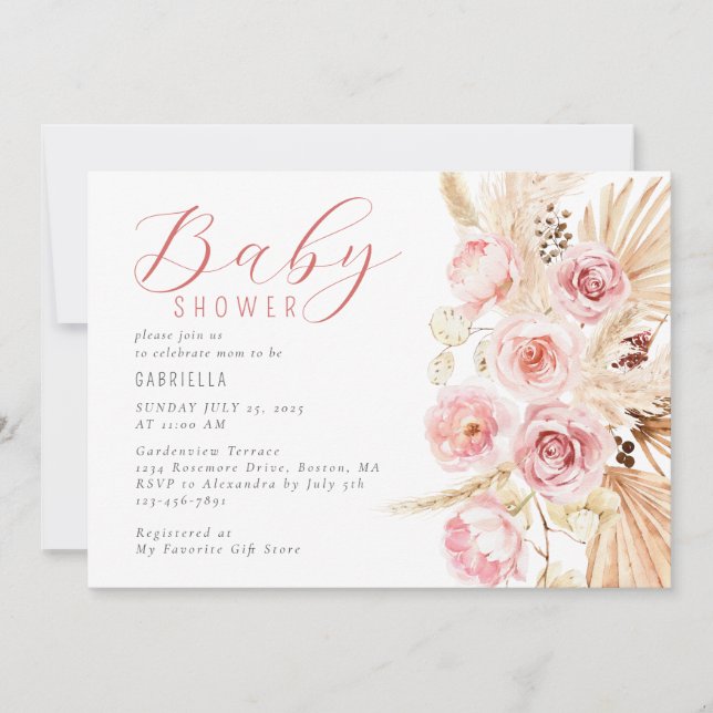 Invitation Boho Watercolor Floral Pampas Baby shower (Devant)