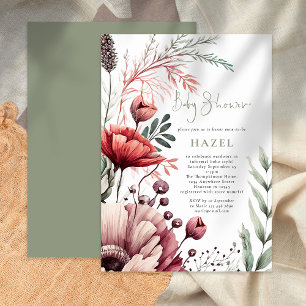 Invitation Boho Watercolor Flores Baby shower Bourgogne