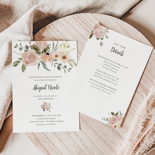 Invitation Boho Watercolor Flower Bat mitzvah avec détails (Créateur téléchargé)