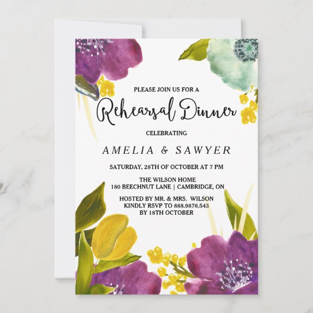 Invitation Boho Watercolor Flowers Répétition Dîner Invitatio (Devant)