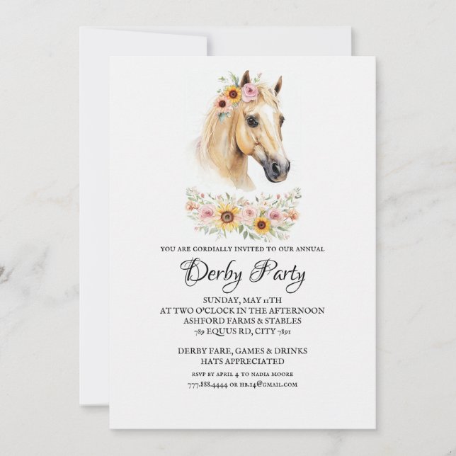 Invitation Boho Watercolor Horse Kentucky Derby Party Invitat (Devant)