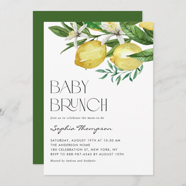 Invitation Boho Watercolor Lemon and Blooms Baby Brunch (Devant / Derrière)