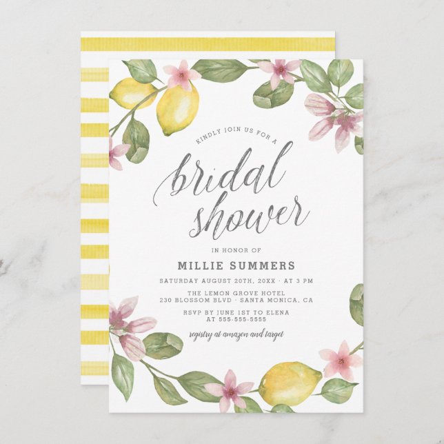 Invitation Boho Watercolor Lemon Blossom Wreath Fête des mari (Devant / Derrière)