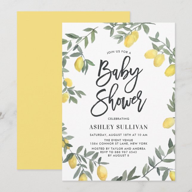 Invitation Boho Watercolor Lemon Wreath Baby shower (Devant / Derrière)