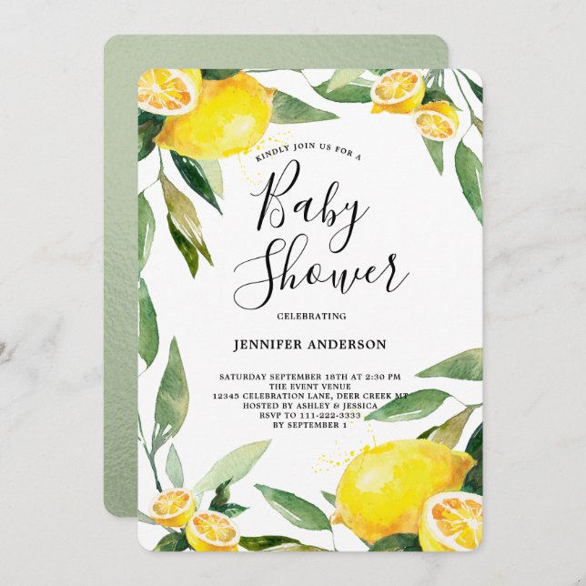 Invitation Boho Watercolor Lemon Wreath Baby shower (Devant / Derrière)