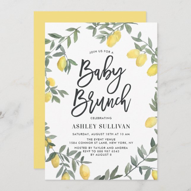 Invitation Boho Watercolor Lemon Wreath Baby shower Brunch (Devant / Derrière)