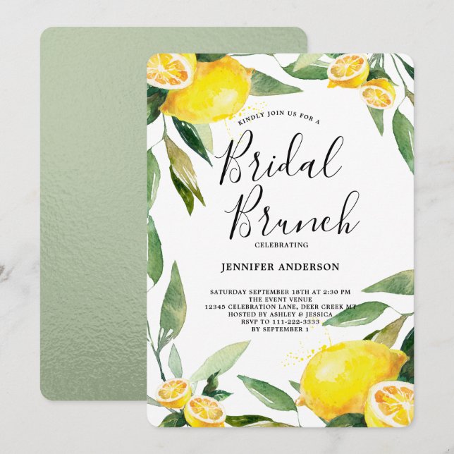 Invitation Boho Watercolor Lemon Wreath Bridal Brunch (Devant / Derrière)