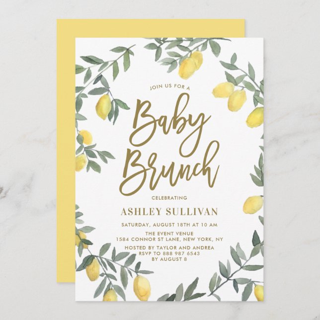 Invitation Boho Watercolor Lemon Wreath Gold Baby Brunch (Devant / Derrière)