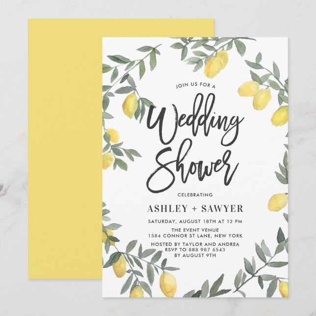 Invitation Boho Watercolor Lemon Wreath Wedding shower (Devant / Derrière)