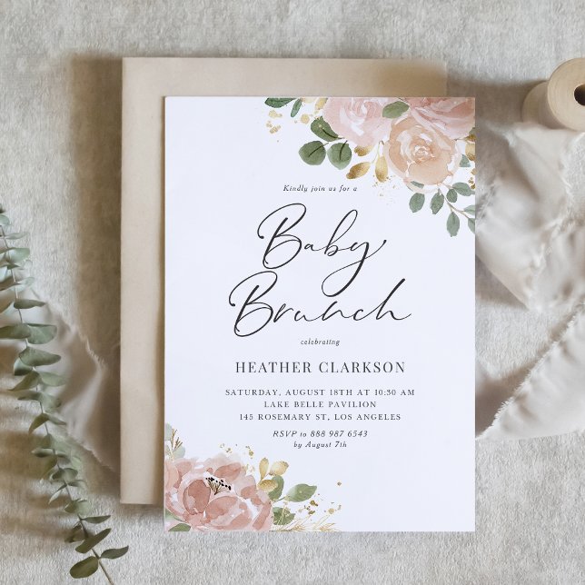 Invitation Boho Watercolor Mauve Peach Flowers Baby Brunch (Customizable Baby Brunch Invitation – Watercolour Mauve Peach, Greenery, & Faux Gold Foil Accents)