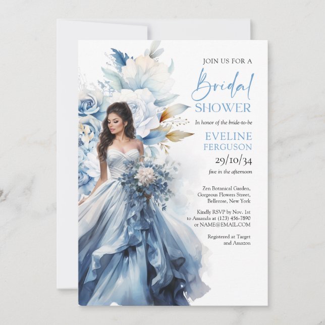 Invitation Boho watercolor navy and white flower bridal dress (Devant)