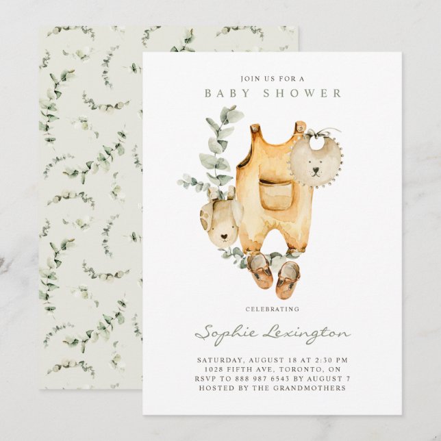 Invitation Boho Watercolor Overalls Eucalyptus Baby shower (Devant / Derrière)