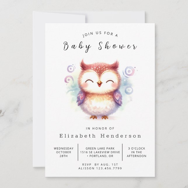 Invitation Boho Watercolor Owl Baby shower (Devant)