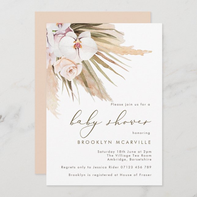 Invitation Boho Watercolor Pampas Grass Baby shower (Devant / Derrière)