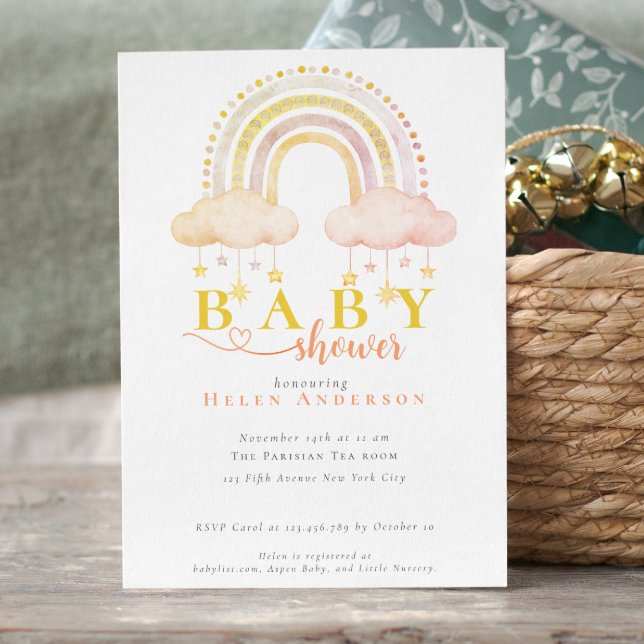 Invitation Boho Watercolor Rainbow Baby Girl Douche (Boho Watercolor Rainbow Gender Neutral Baby Shower Invitation)
