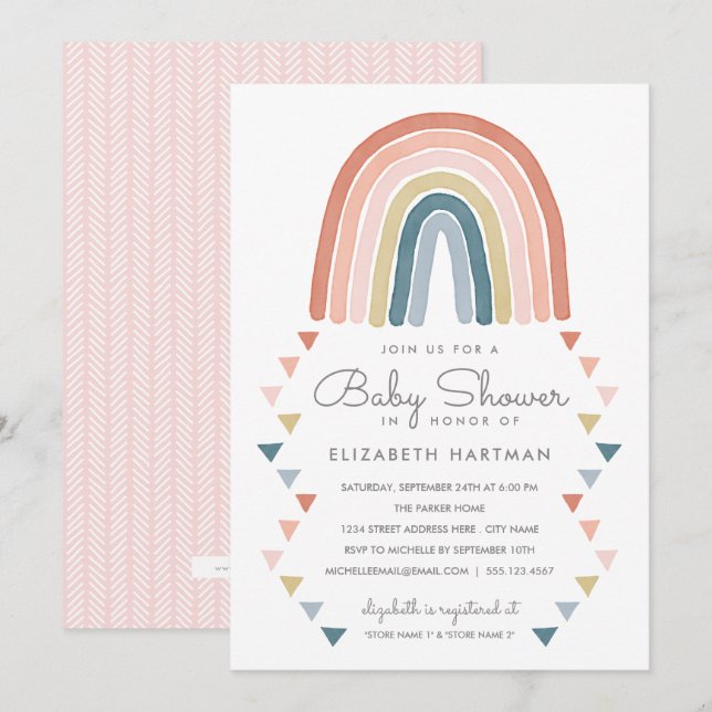 Invitation Boho Watercolor Rainbow Baby shower Coral (Devant / Derrière)