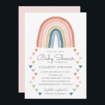 Invitation Boho Watercolor Rainbow Baby shower Coral<br><div class="desc">Cette adorable invitation au baby shower présente un arc-en-ciel boho peint à la main en corail, rose, or, bleu turquoise et bleu poussiéreux, ainsi qu'une pluie triangulaire assortie arrangée dans un design géométrique. Le dos de la carte contient un motif de rayures boho en blanc sur un arrière - plan...</div>