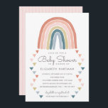 Invitation Boho Watercolor Rainbow Baby shower Coral<br><div class="desc">Cette adorable invitation au baby shower présente un arc-en-ciel boho peint à la main en corail, rose, or, bleu turquoise et bleu poussiéreux, ainsi qu'une pluie triangulaire assortie arrangée dans un design géométrique. Le dos de la carte contient un motif de rayures boho en blanc sur un arrière - plan...</div>