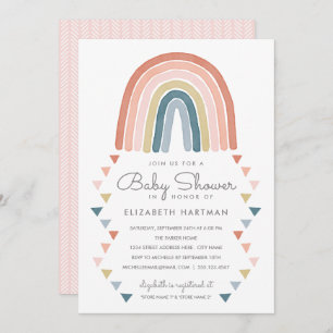 Invitation Boho Watercolor Rainbow Baby shower Coral