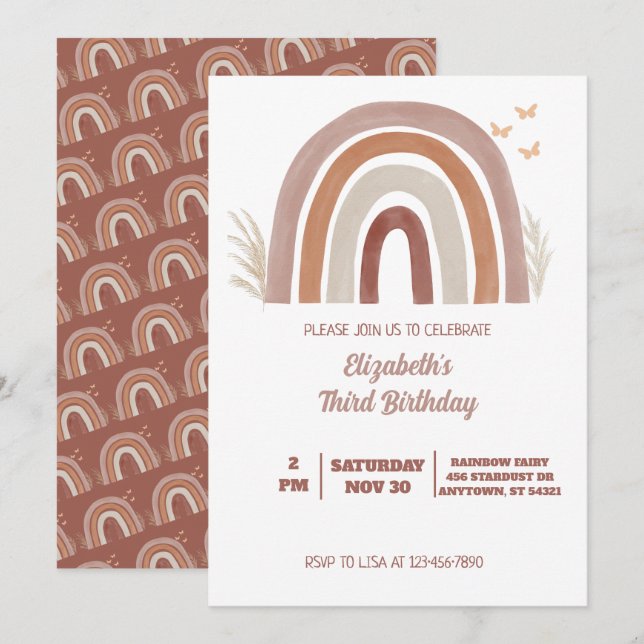 Invitation Boho Watercolor Rainbow Birday | Pampas Grass I (Devant / Derrière)