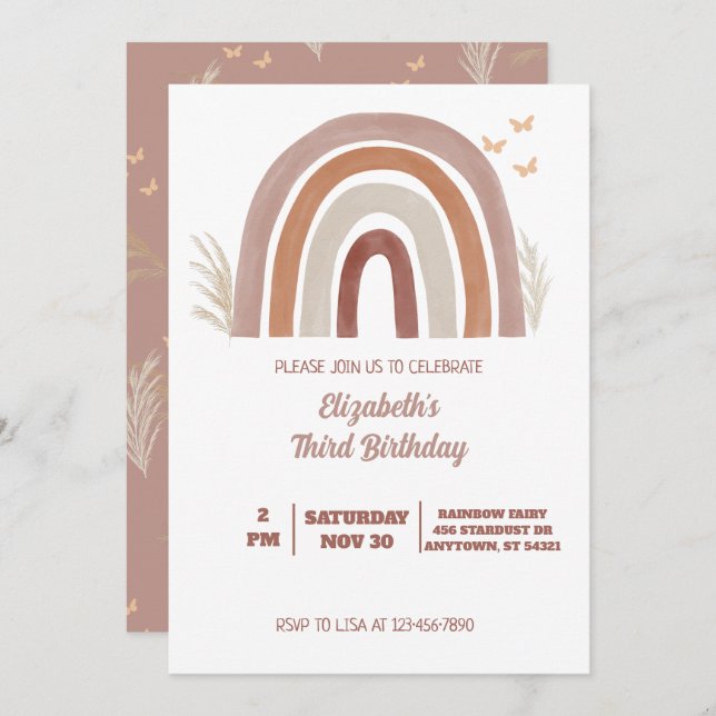 Invitation Boho Watercolor Rainbow Birday | Pampas Grasse (Devant / Derrière)