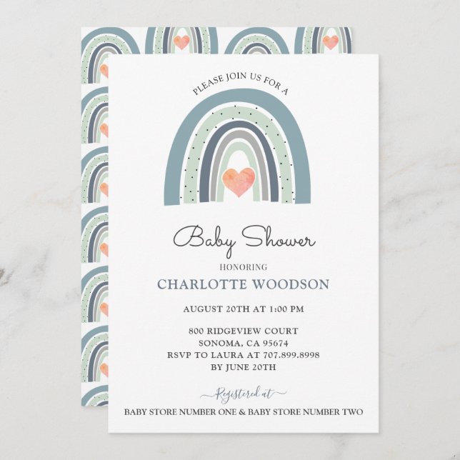 Invitation Boho Watercolor Rainbow Boy Baby shower (Devant / Derrière)