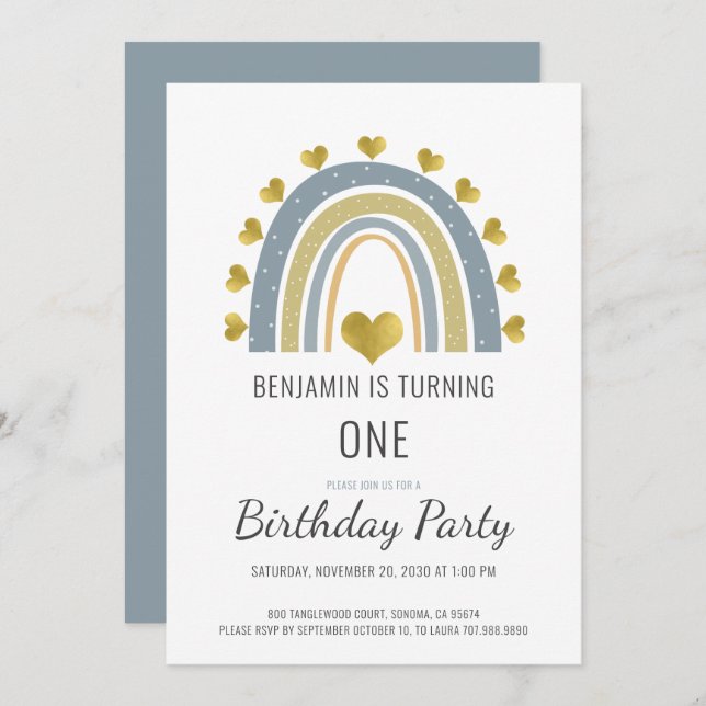 Invitation Boho Watercolor Rainbow Boy Blue Premier anniversa (Devant / Derrière)