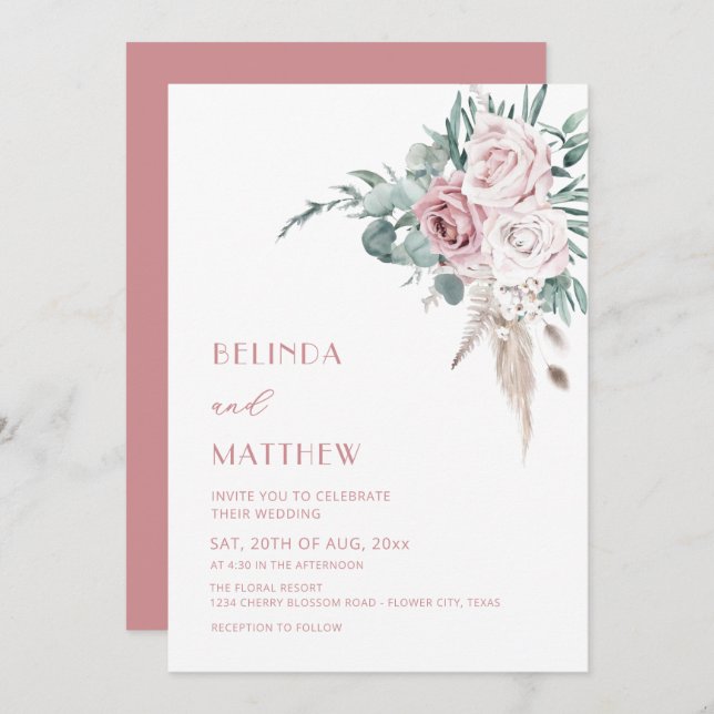 Invitation Boho Watercolor Roses Modern  (Devant / Derrière)
