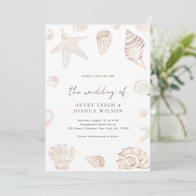 Invitation Boho Watercolor Seashells Perles Mariage nautique (Debout devant)